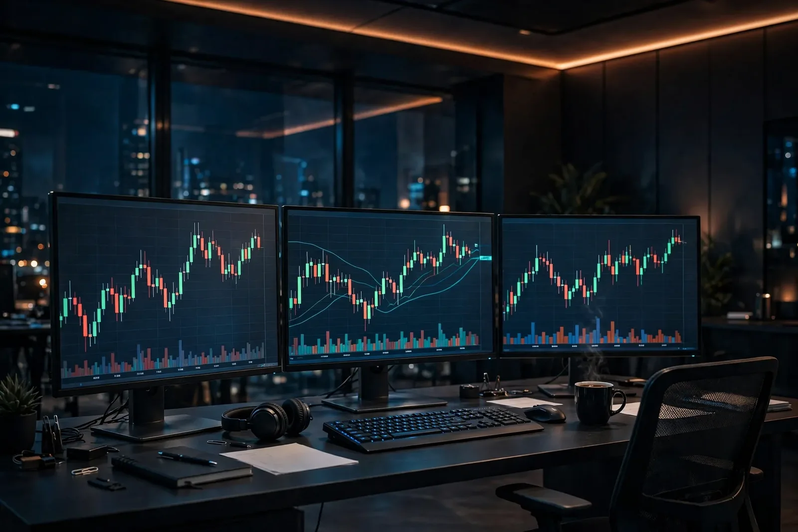 Professional stock trading desk with multiple monitors in a dark modern office