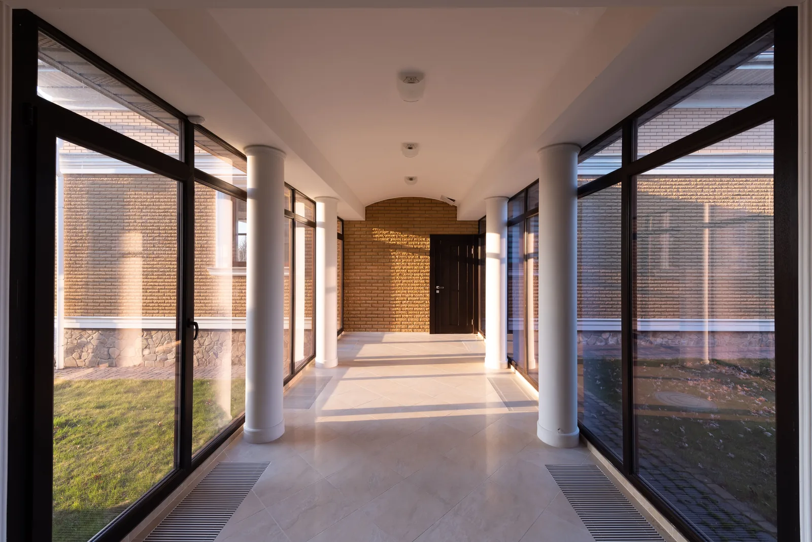 Modern corporate office interior with glass walls