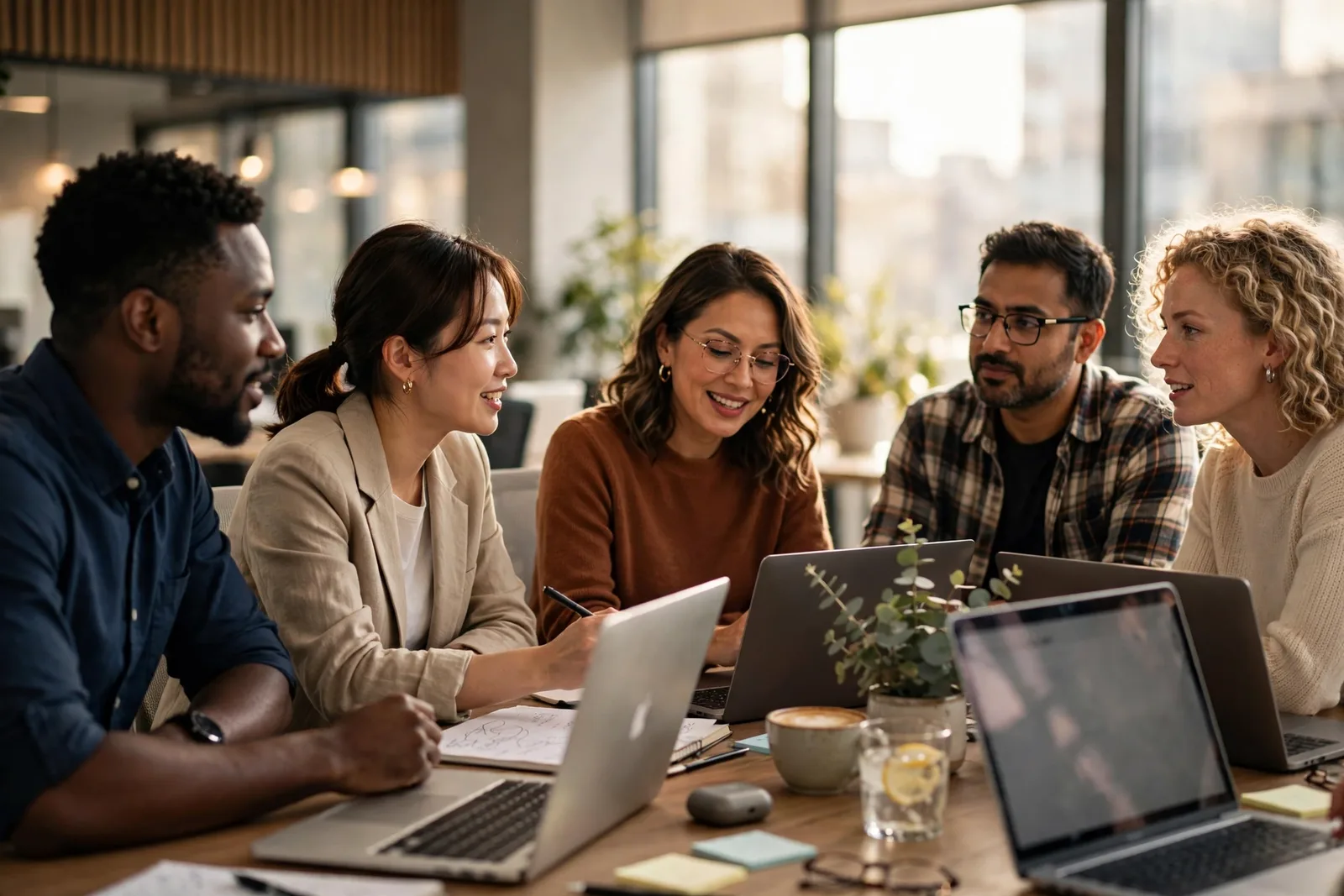 Sales team working leads together in a modern office
