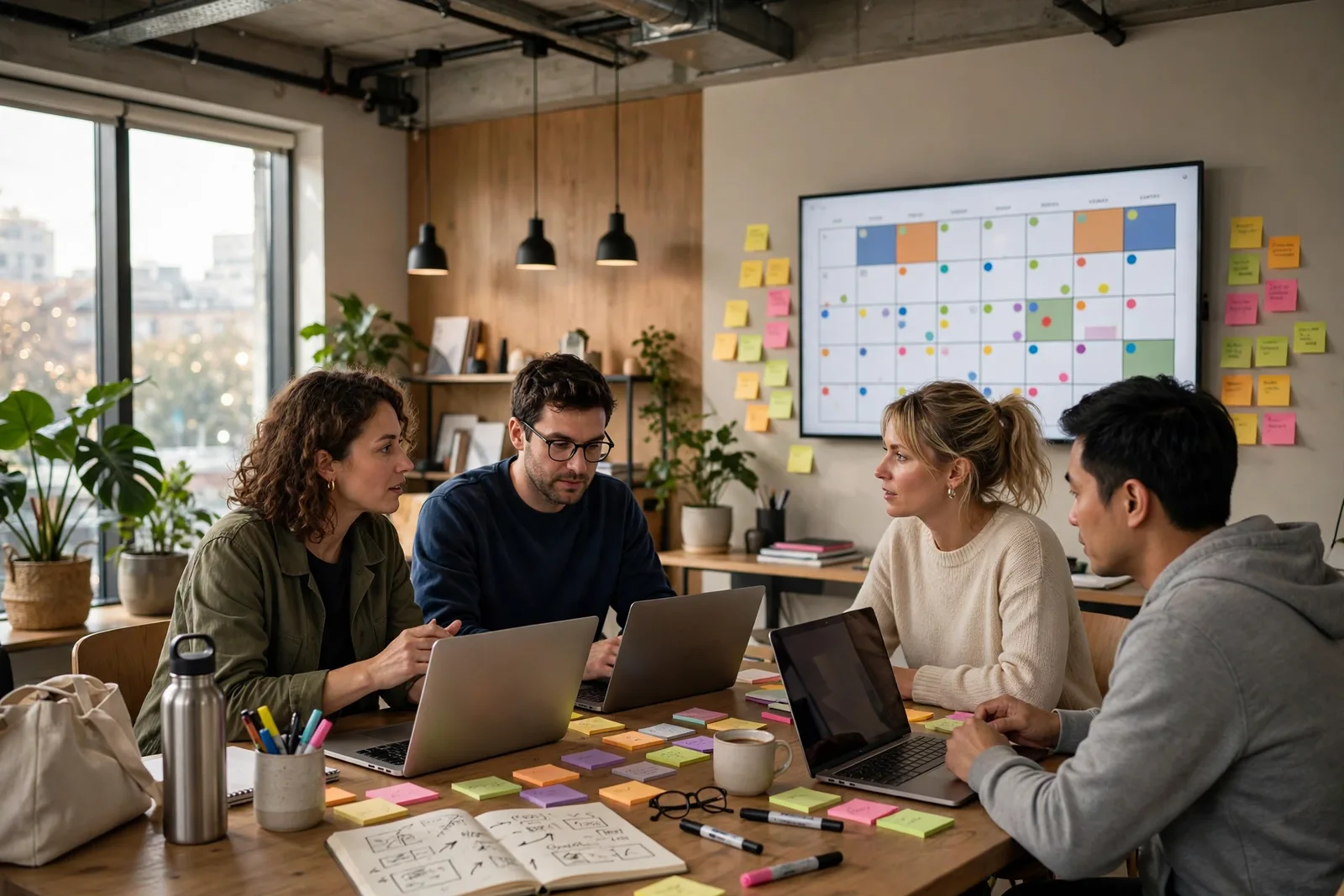 Marketing team planning a campaign around a table in a creative office