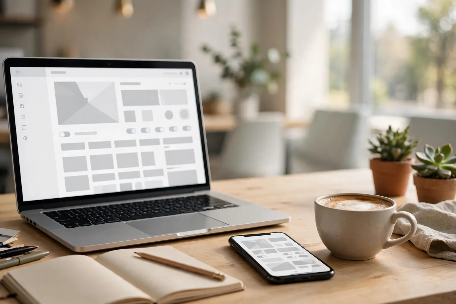 Marketer composing an email campaign on a laptop with a smartphone nearby