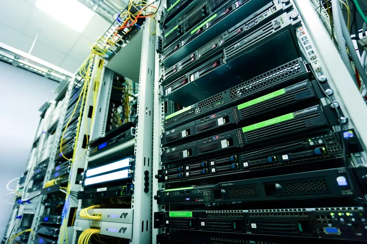 Server room racks with blue light