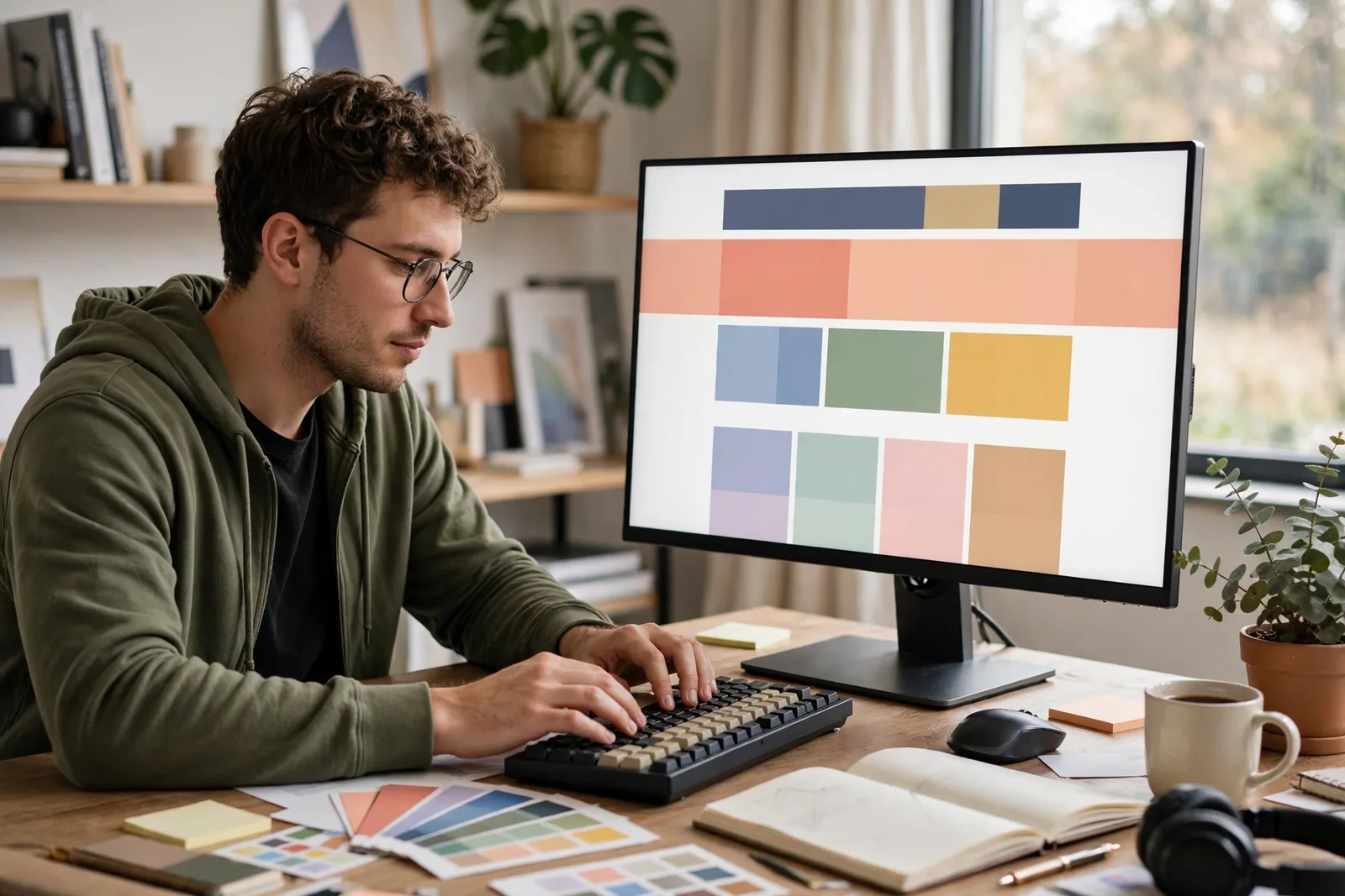 Designer building a landing page layout on a large screen