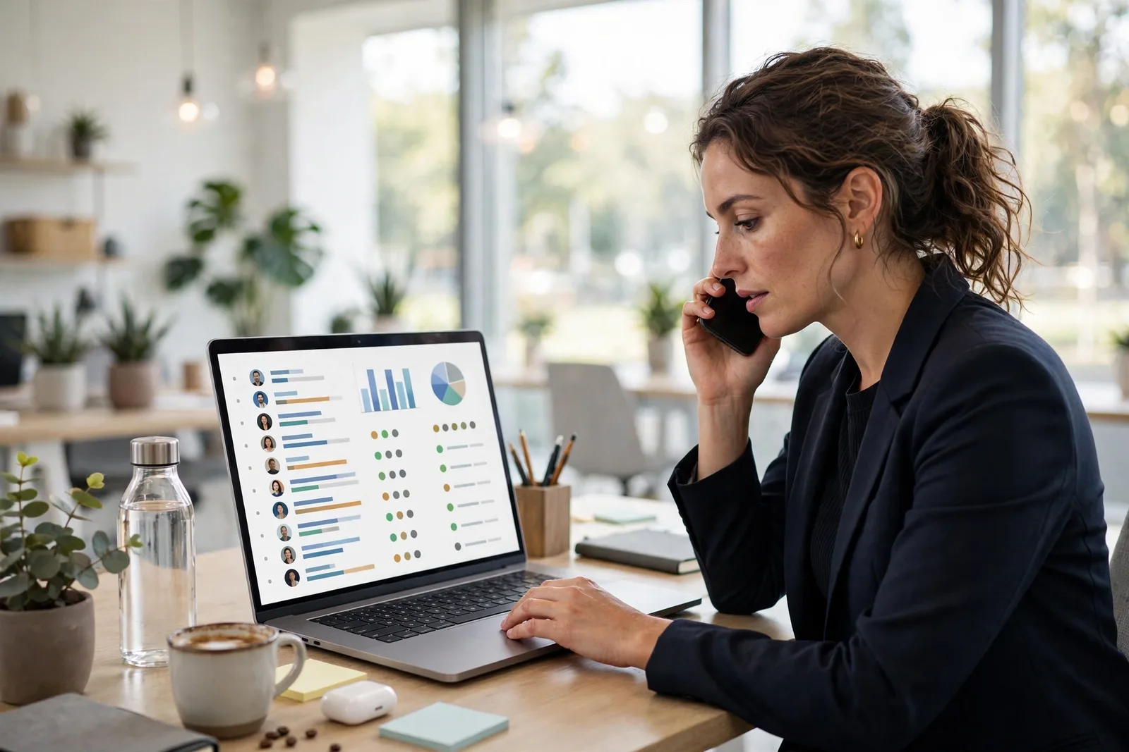 Salesperson managing trading leads on a laptop in a modern office