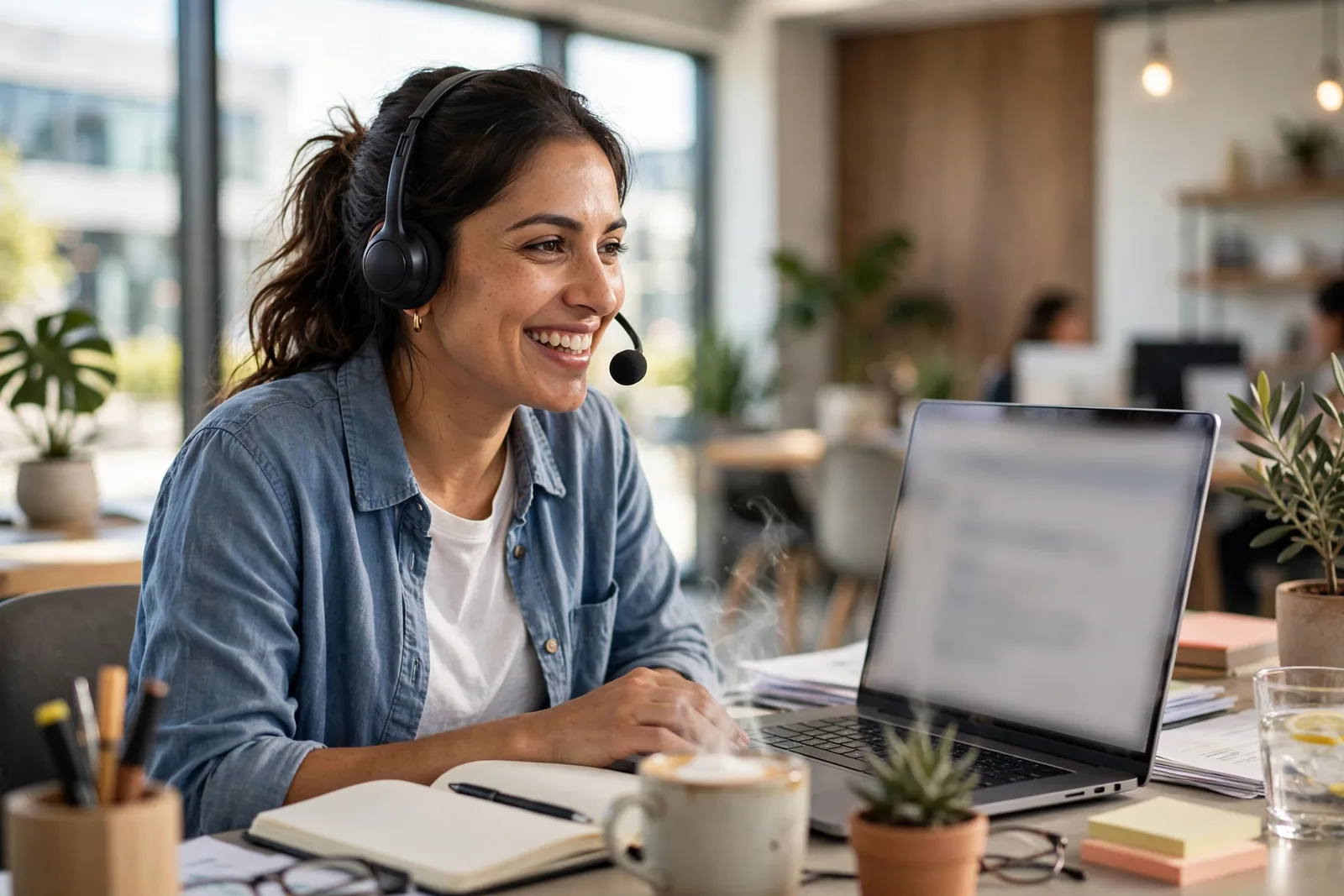 Customer support specialist with headset following up with leads in an office