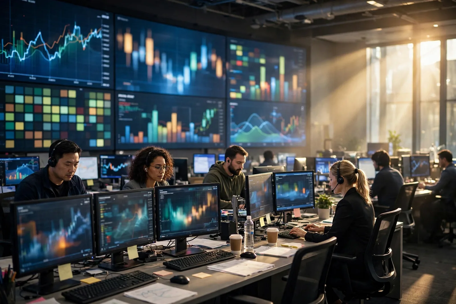 Stock market trading floor with screens