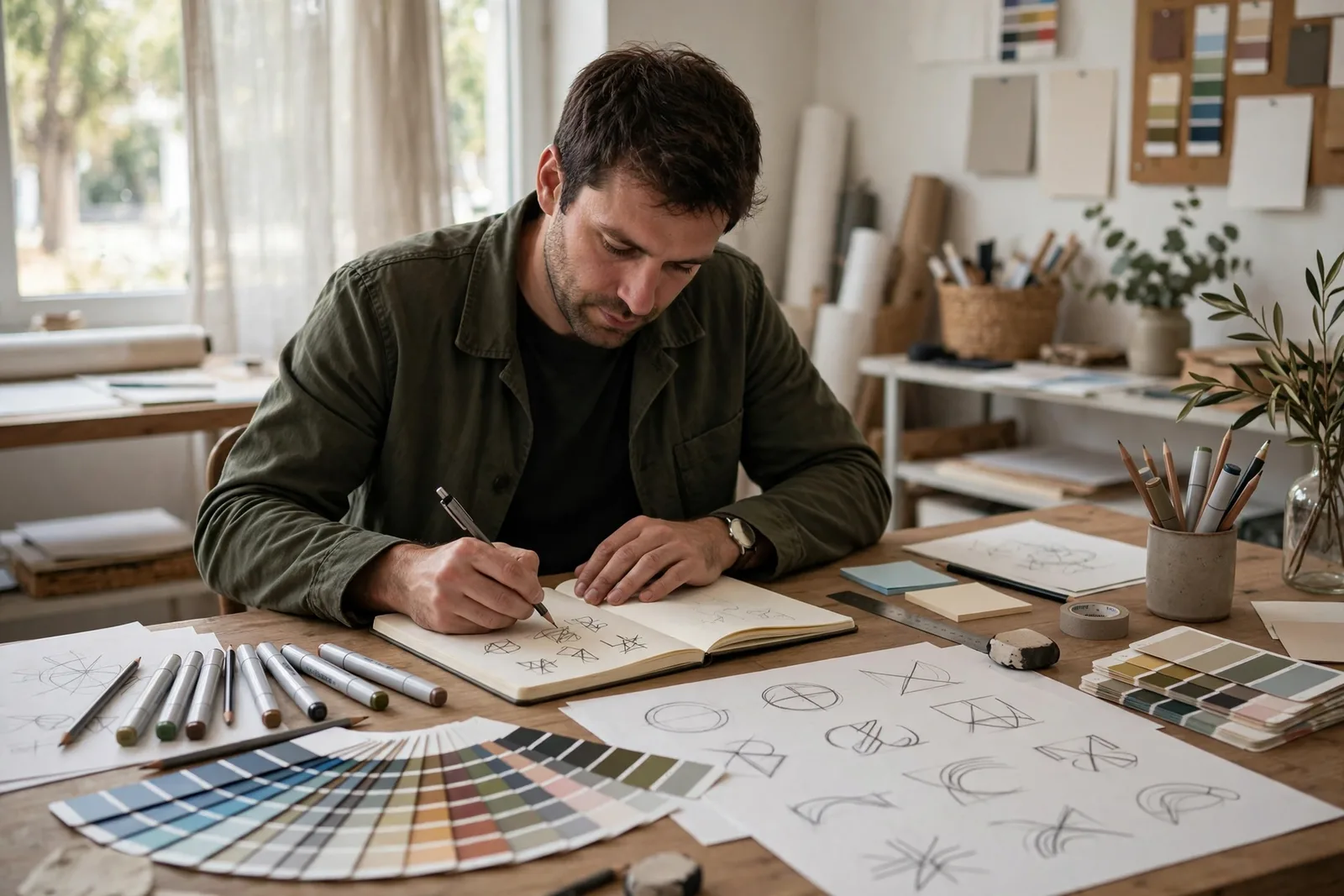 Graphic designer sketching logo ideas in a branding studio