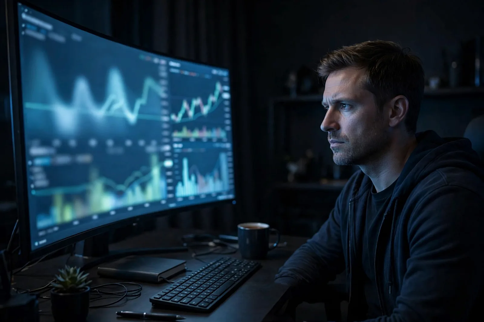 Investor monitoring trading performance on a screen