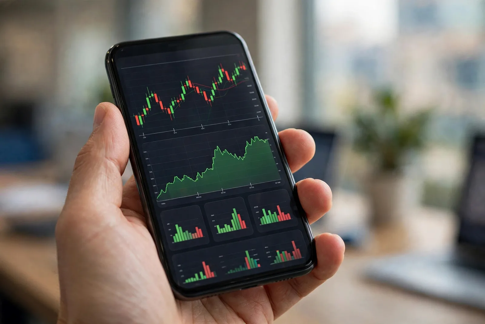Person trading stocks on a smartphone closeup of hand