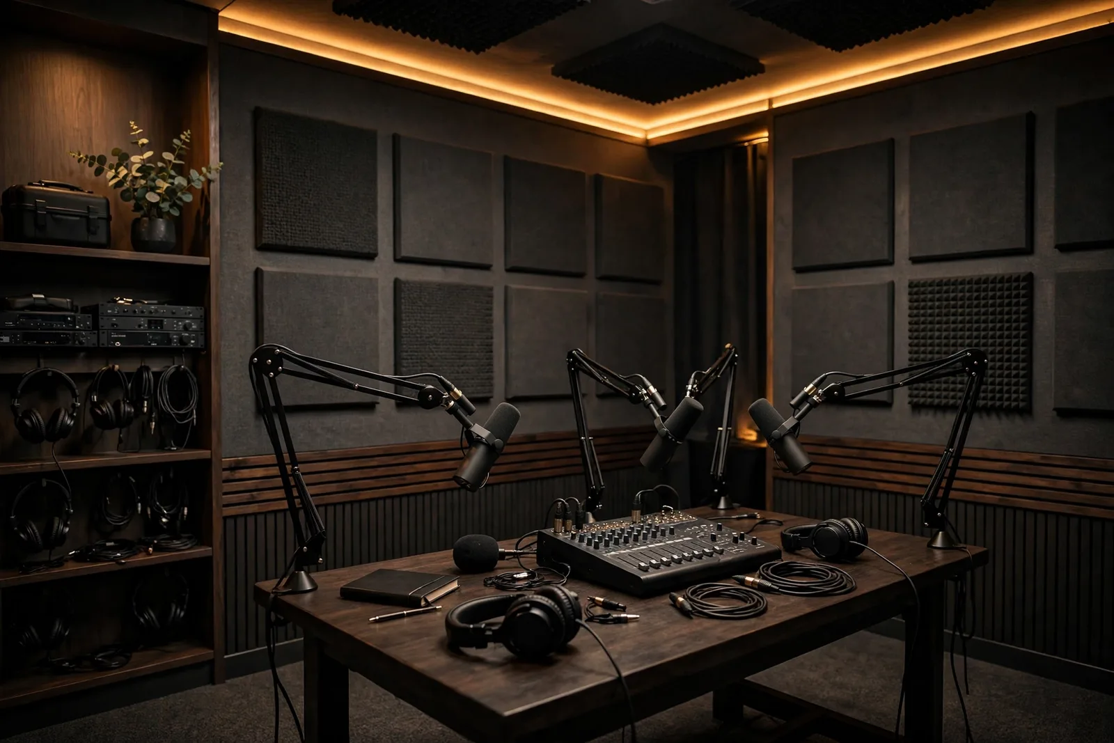 Podcast recording studio with microphones