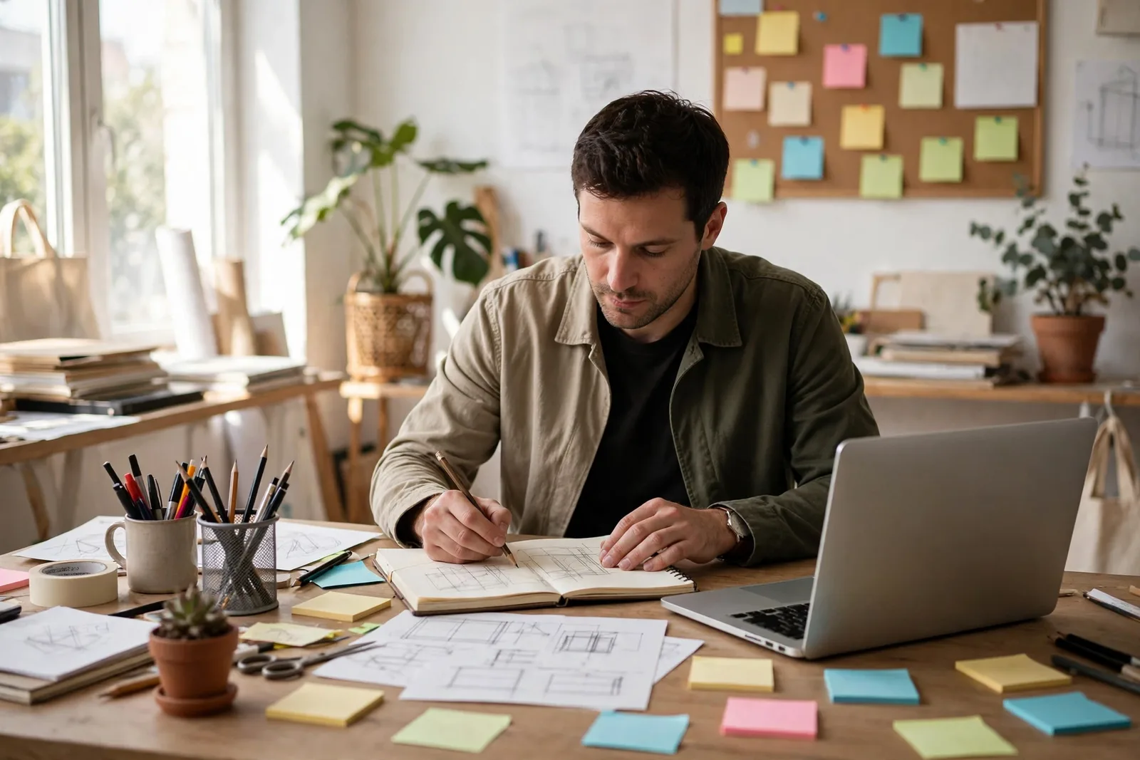 Product designer sketching wireframes at a desk