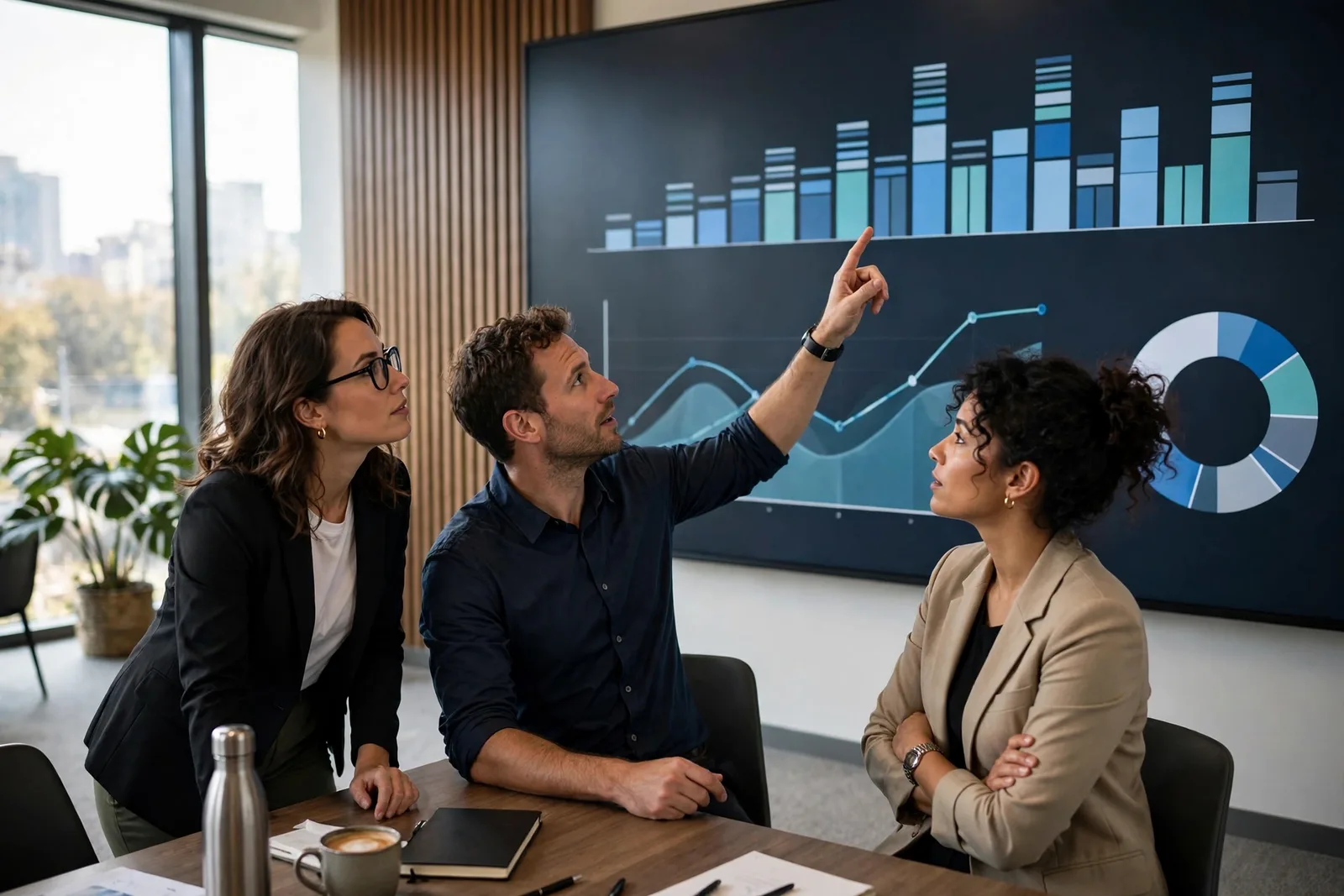 Business team reviewing a sales pipeline on charts in a meeting